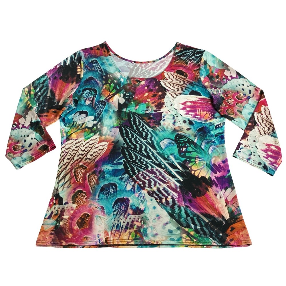 Butterfly Feather Print Top Womens Large Y2K Wearable Art Whimsigoth 3/4 Sleeve